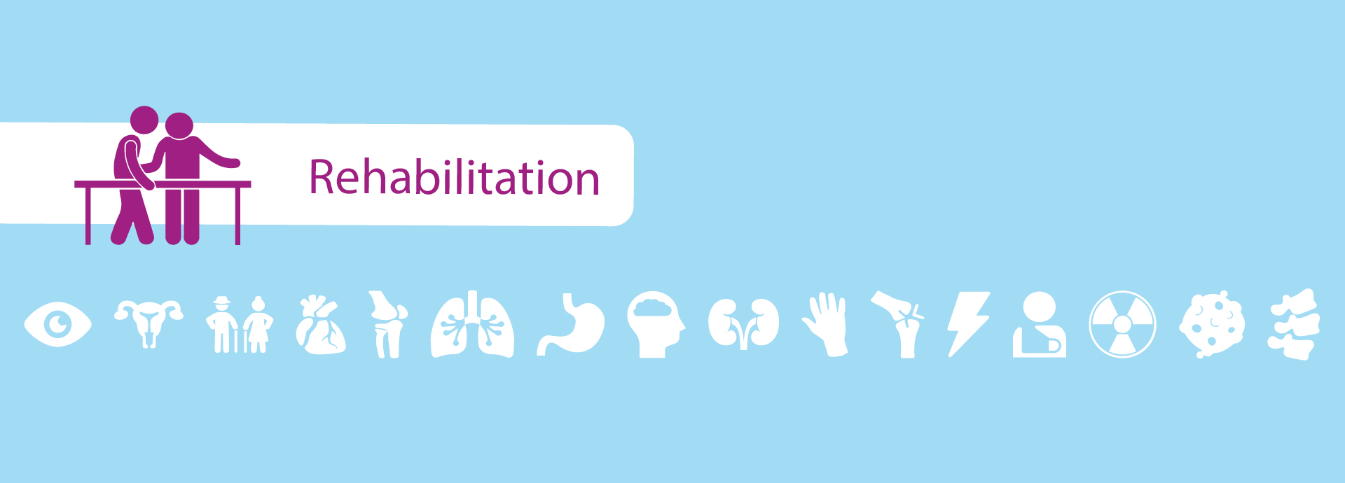 Grafik, auf der verschiedene Symbolbilder (zum Beispiel Organe) abgebildet sind. Das Symbol "Rehabilitation" ist hervorgehoben.  