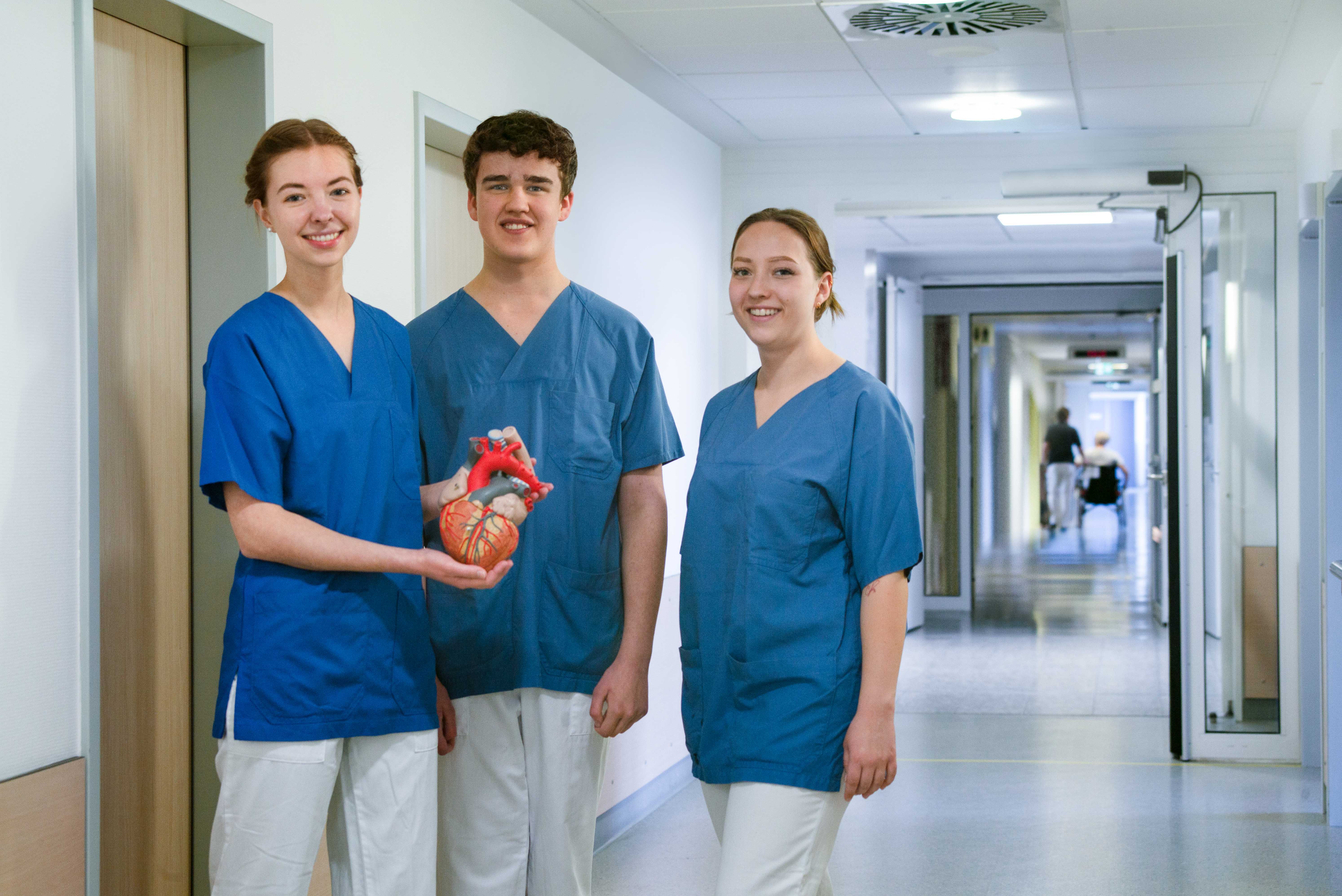 Drei Schüler stehen auf dem Stationsflur im Krankenhaus. Die Schülerin links hält ein Organmodell in der Hand. 