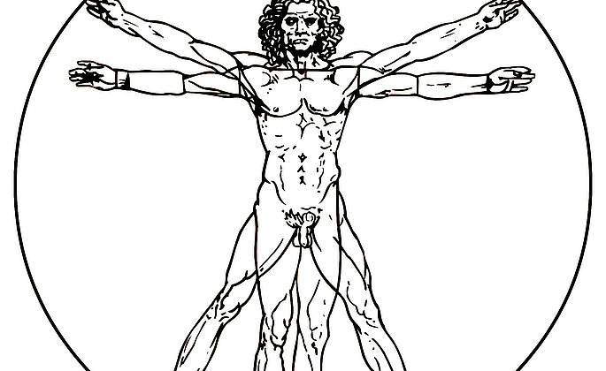 Grafik Vitruvianische Figur:  Darstellung des Mannes nach den vom antiken Architekten und Ingenieur Vitruv(ius) formulierten und idealisierten Proportionen.