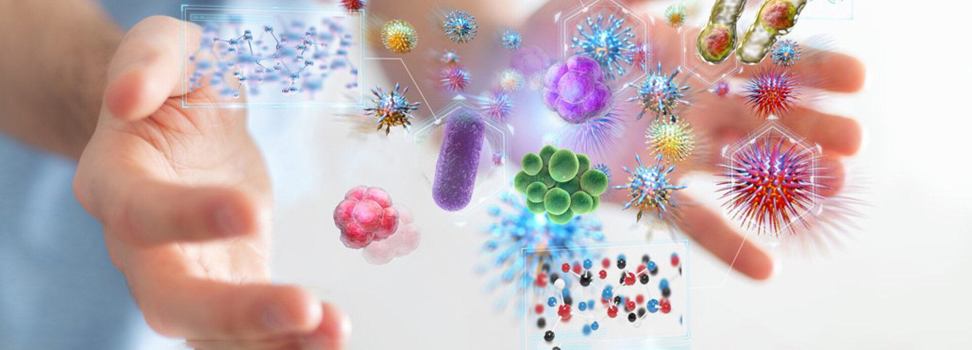 Schematische Darstellung von Händen, die Viren und Bakterien umschließen. 